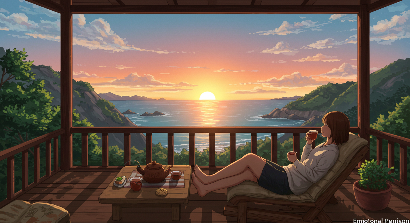테라스에서 힐링하는 감성 펜션 여행자 일러스트