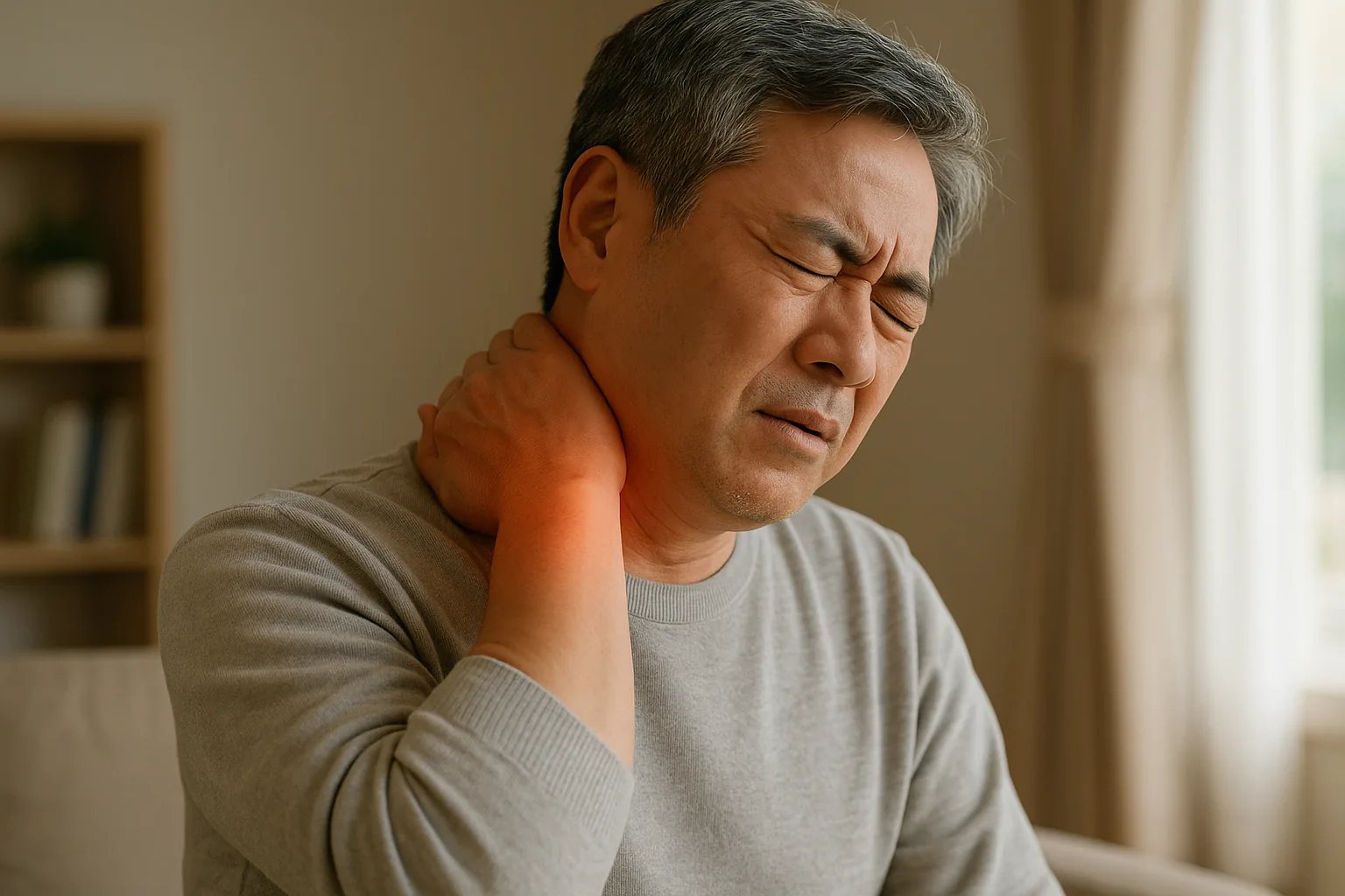 중년 남성이 목을 움직이며 뻐근함과 불편함을 느끼는 모습, 어깨와 목 주변에 붉은 하이라이트로 통증 강조