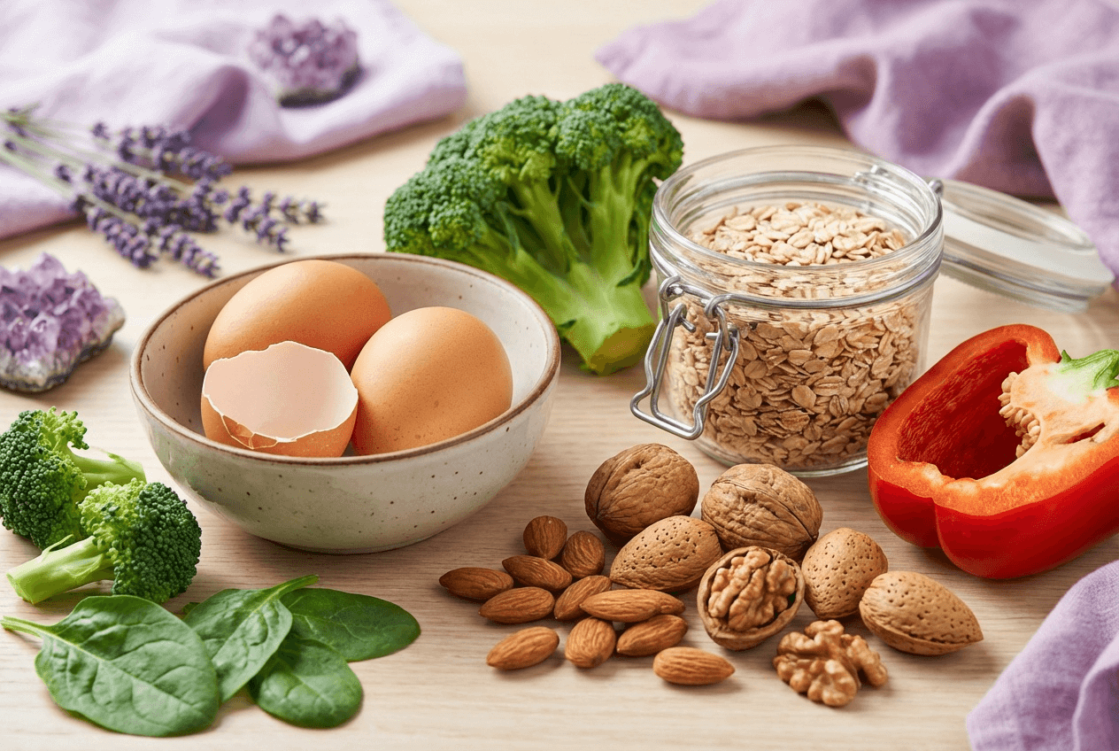 달걀, 견과류, 귀리, 브로콜리, 파프리카 등 비오틴이 풍부한 식재료를 나무 테이블 위에 정갈하게 배치한 원료 식품 이미지
