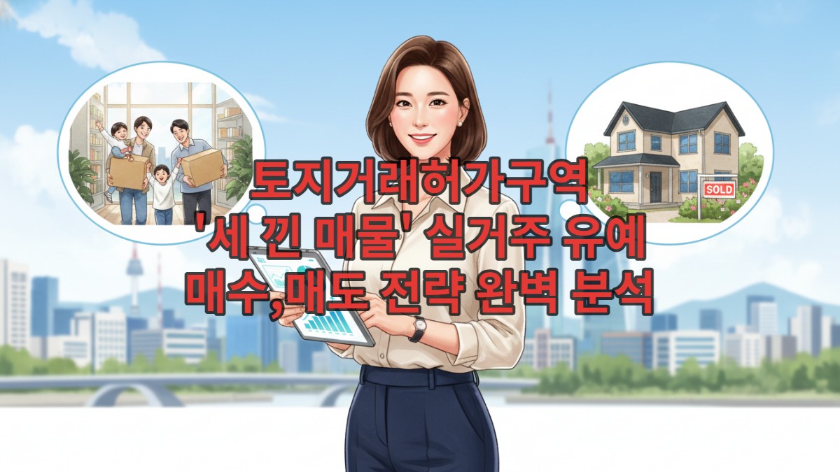2026년 서울의 현대적인 도시 경관을 배경으로, 부동산 관련 차트가 보이는 태블릿을 든 자신감 넘치는 한국인 여성이 부동산 매수 및 매도 전략을 설명하는 모습
