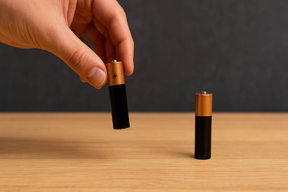 건전지 잔량 확인방법으로 AA 배터리를 수직으로 떨어뜨려 충전 상태를 테스트하는 장면