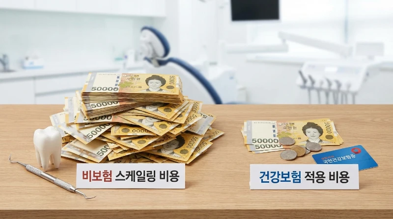 건강보험 적용 전후 스케일링 비용을 비교하는 이미지, 적은 비용과 건강보험 카드