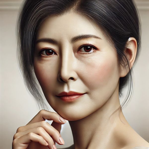 50대 동양 여성이 미니 거상과 풀페이스 거상 사이에서 고민하는 모습을 표현한 리얼한 컨셉 이미지.