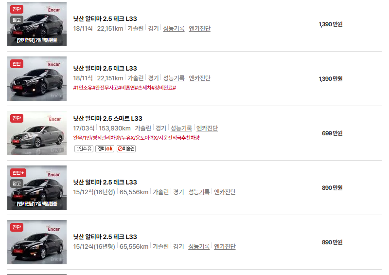 닛산 알티마 중고차 가격 시세표 연비