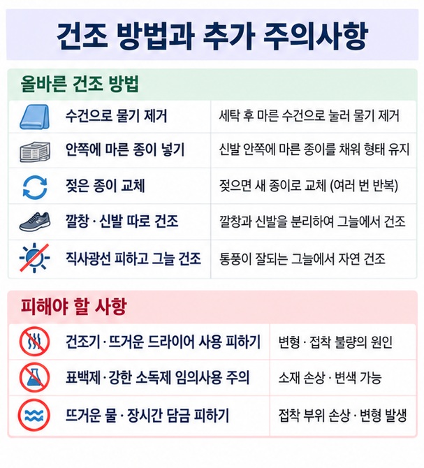 운동화 세탁 후 수건 물기 제거 종이 충전 그늘 건조 냄새 예방과 열 건조 금지 주의사항을 정리한 이미지