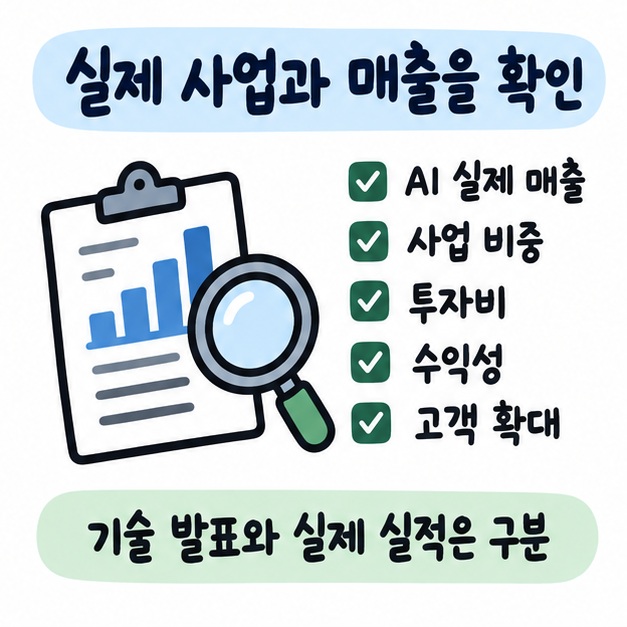 AI 매출 비중과 실제 매출, 투자비, 수익성과 고객 확대 여부를 확인하는 체크리스트 카드
