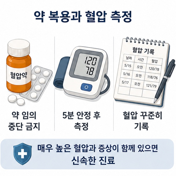 혈압약을 임의로 중단하지 않고 가정에서 안정 후 혈압을 반복 측정해 기록해야 함을 설명한 이미지