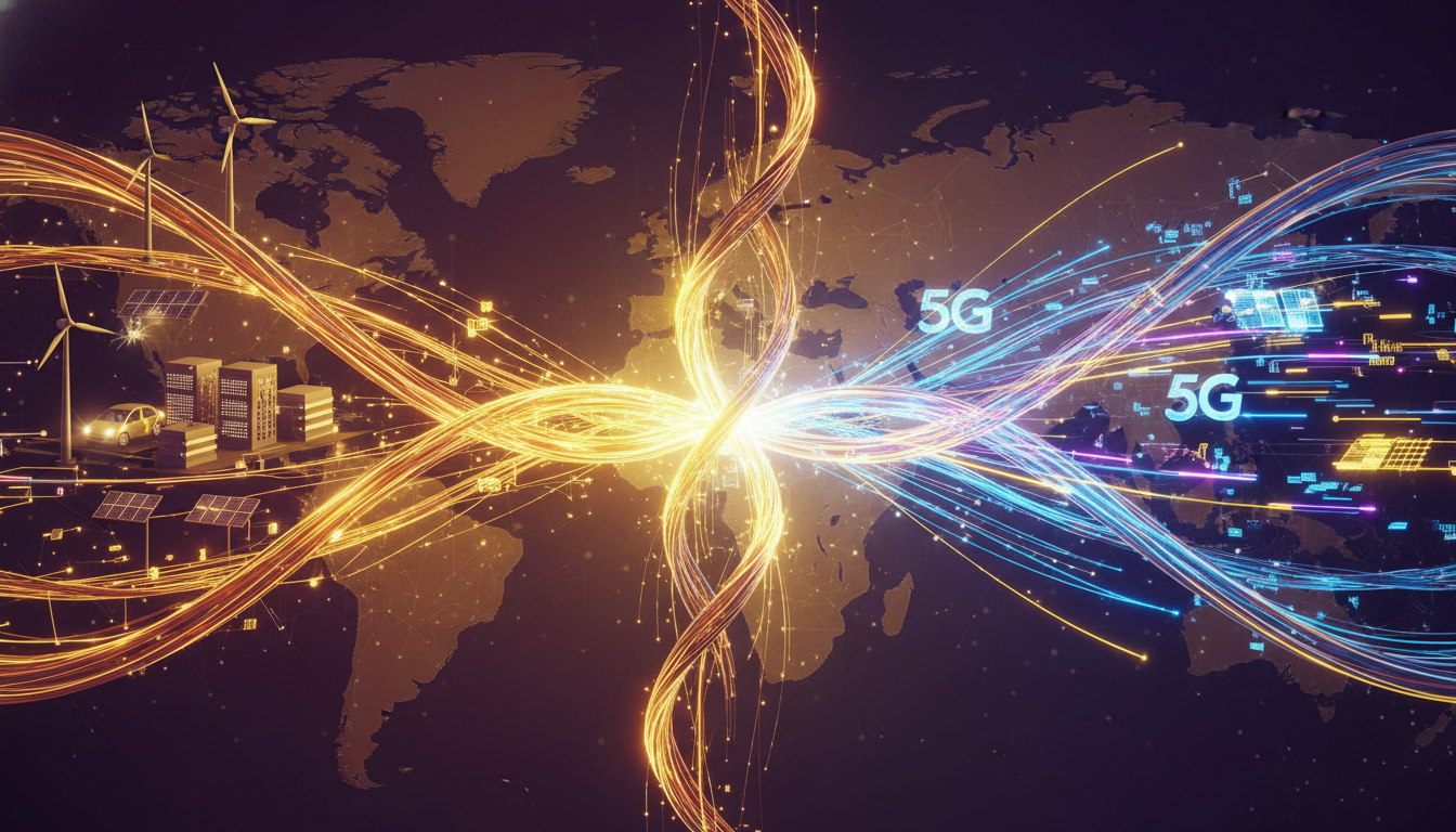 2026년 구리 슈퍼사이클과 5G/6G 통신 인프라 확장에 따라 급등하는 대한광통신 주가를 상징하는 이미지. 구리선과 광섬유가 복합적으로 얽혀 미래 산업의 성장을 나타냄.