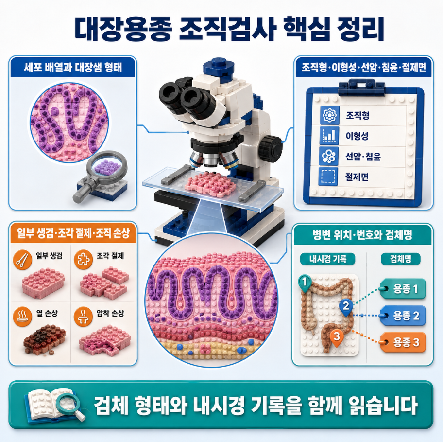 대장용종 조직검사의 세포·대장샘 관찰, 주요 병리결과, 검체 상태와 내시경 기록 연결을 요약한 핵심 정리