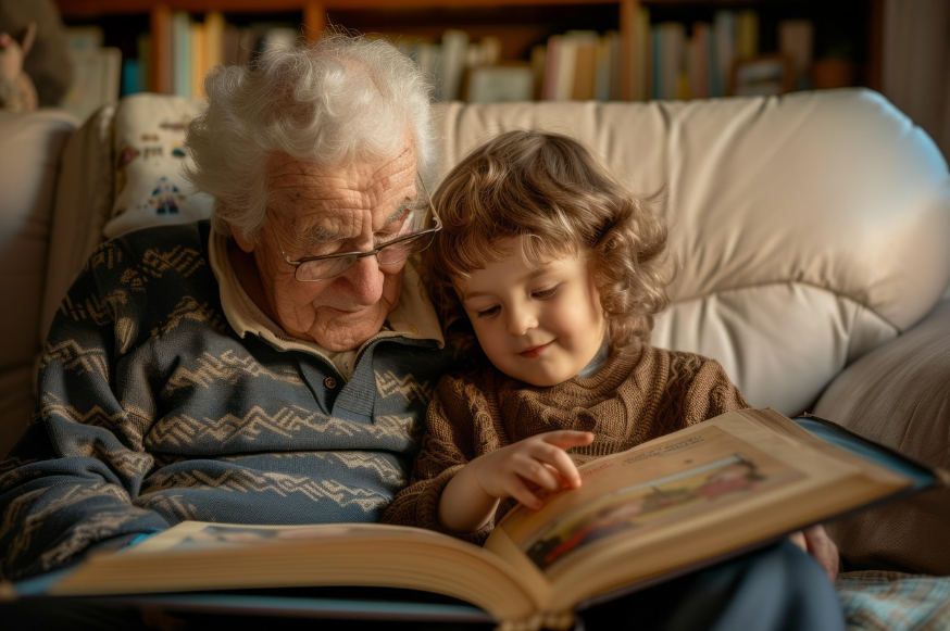 할아버지와 아이가 앨범을 구경하는 사진