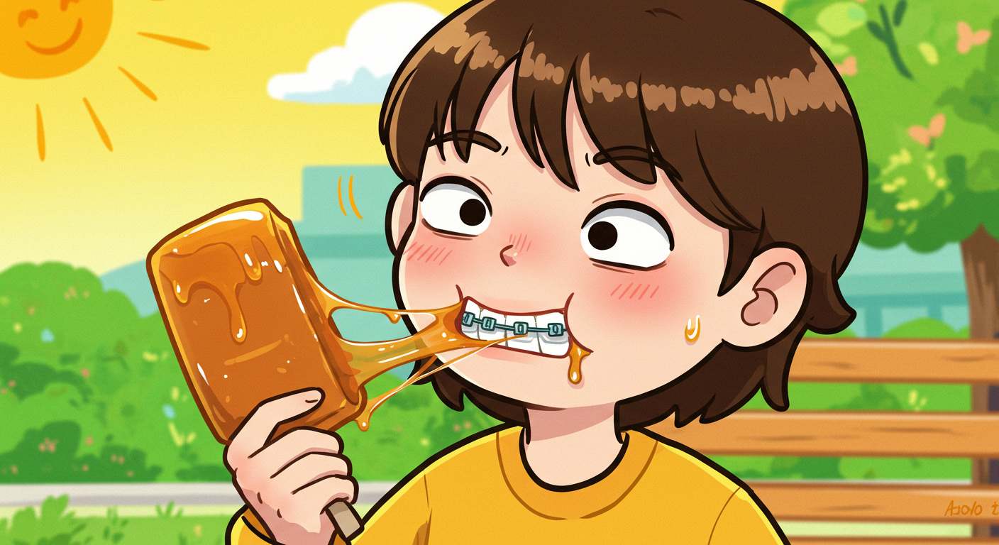 끈적한 캐러멜을 먹으려다 교정기가 튀어나가는 만화풍 유쾌한 일러스트, 교정 중 음식주의, 캐러멜, 브라켓 파손