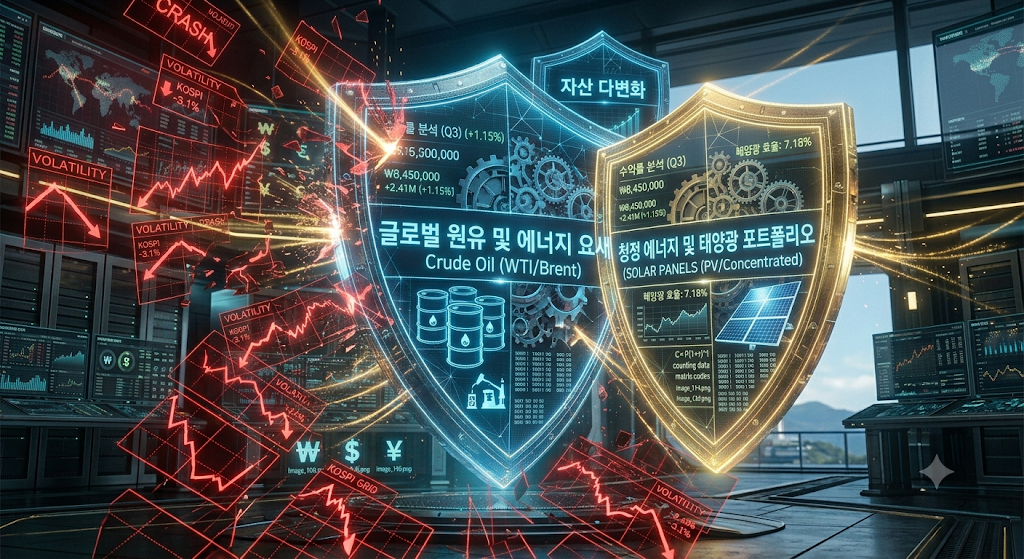 10거래일 연속 사이드카가 발동된 극심한 변동성 장세 속에서 미국 원유 에너지 기업과 태양광 ESS ETF가 폭풍 상승하는 하이테크 금융 그래픽