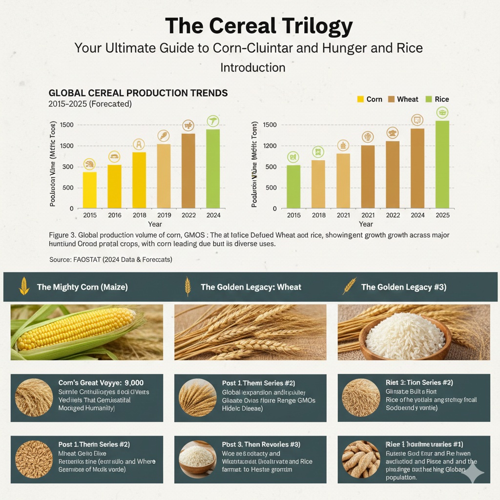 Statistical graph comparing the annual production volumes of corn, wheat, and rice.