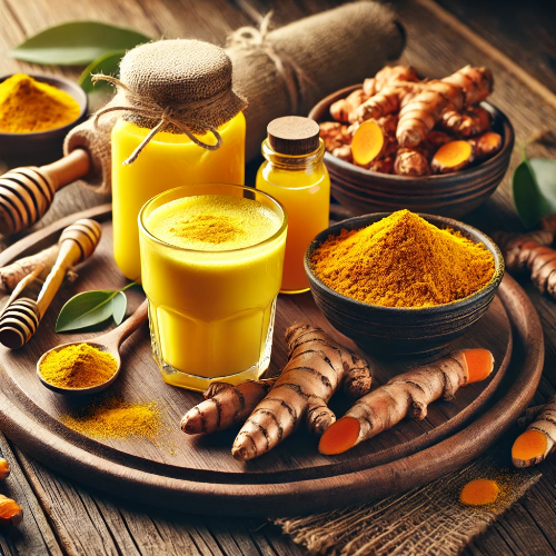 신선한 강황 뿌리, 강황 가루가 담긴 그릇, 골든 밀크 한 잔, 꿀병이 함께 놓인 나무 트레이, 건강과 웰빙을 강조하는 따뜻한 색감의 이미지