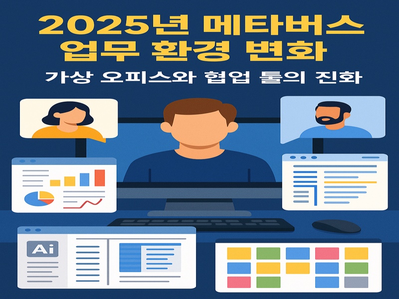 2025년 메타버스 업무환경의 진화를 설명하는 디지털 인포그래픽. 중앙의 모니터와 아바타, 가상 회의 시스템, 협업 툴 인터페이스가 함께 표현되어 있으며, 몰입형 스마트워크의 트렌드를 시각적으로 보여줌