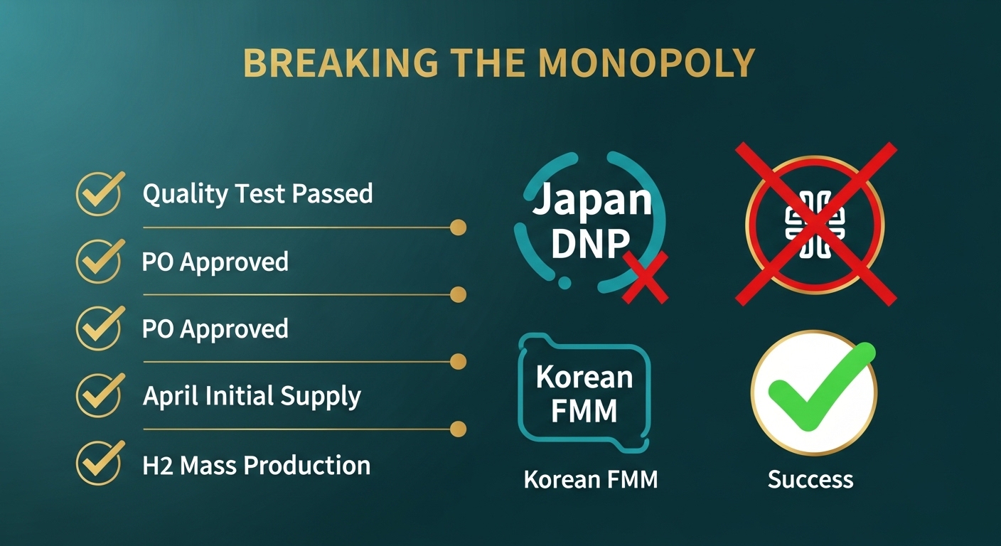 Dramatic milestone infographic showing Korea FMM localization success. Timeline with checkmarks Quality Test Passed, PO Approved, April Initial Supply, H2 Mass Production. Japan DNP monopoly icon with red X, Korean FMM icon with green checkmark. Teal and gold color scheme, Breaking the Monopoly headline. English labels only. No Korean text.