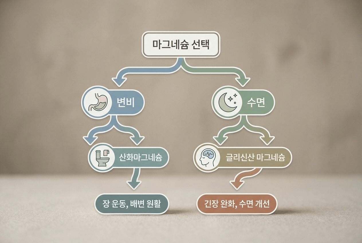 변비 목적과 수면 목적에 따라 마그네슘 형태를 선택하는 의사결정 흐름도