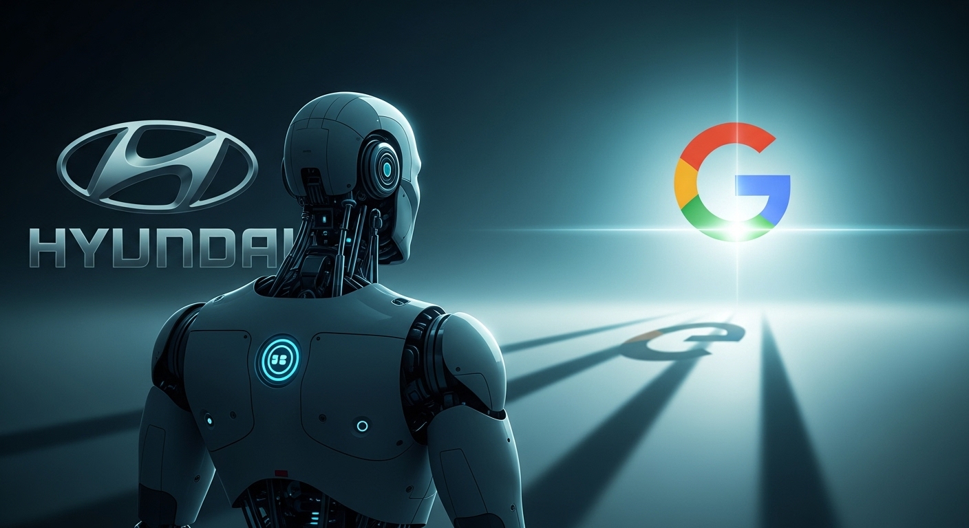 현대차 로고가 보이는 어두운 배경에서 구글 로고를 향해 걸어가는 아틀라스 로봇, 현대차 로봇 개발의 미래를 암시하는 이미지.