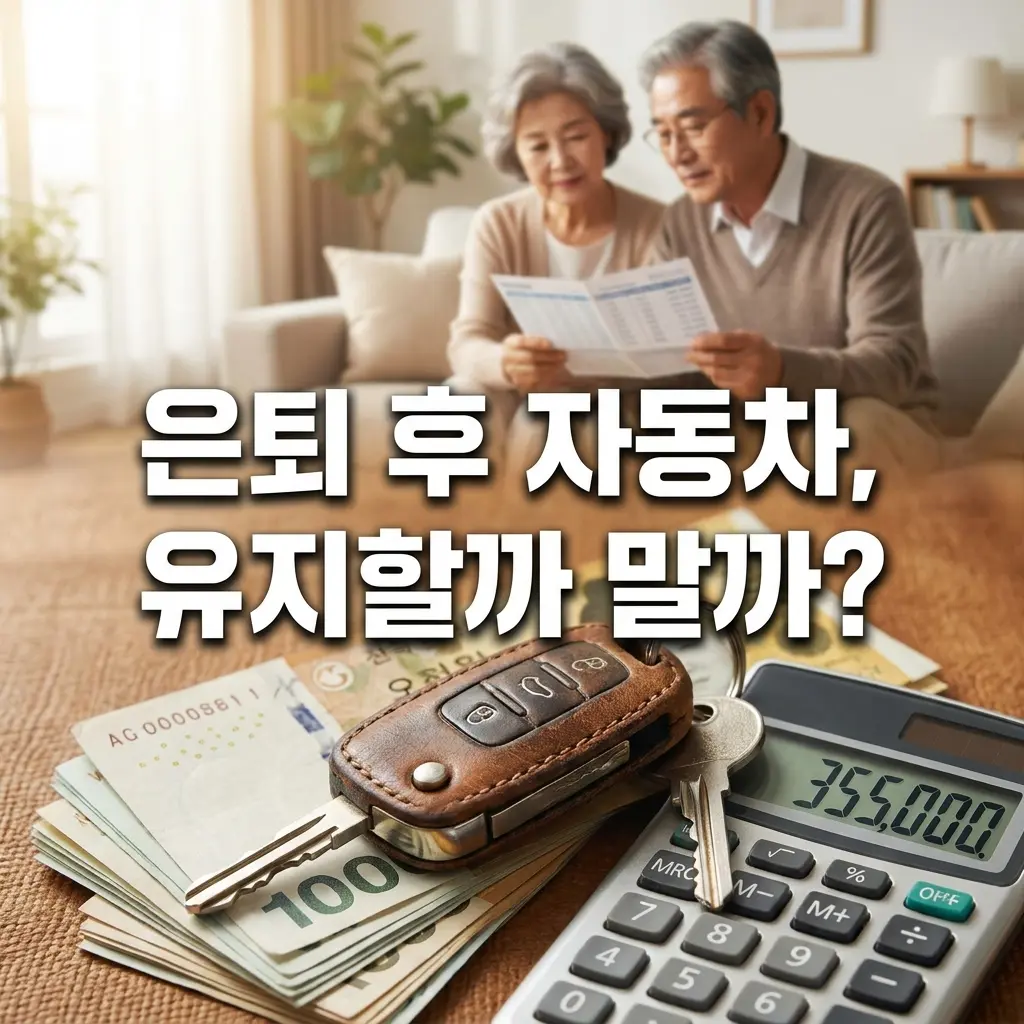 소파에 앉아 진지하게 서류를 살펴보는 은퇴 부부의 배경 앞에 가죽 케이스가 씌워진 자동차 스마트키, 5만 원권과 1만 원권 지폐 뭉치, 그리고 '355,000'이라는 숫자가 찍힌 계산기가 놓여 있는 모습. 화면 중앙에 '은퇴 후 자동차, 유지할까 말까?'라는 텍스트가 굵게 강조되어 있어, 은퇴 후 자동차 월 유지비를 계산하고 유지 여부를 고민하는 상황을 직관적으로 보여주는 썸네일 이미지.