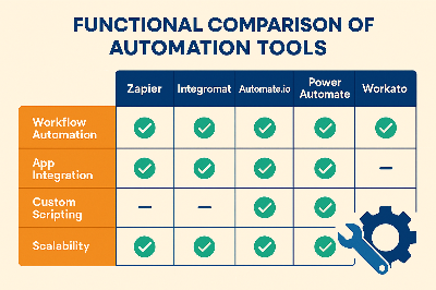 Zapier, Integromat, Power Automate 등 글로벌 자동화 도구 5종의 워크플로우, 앱 통합, 커스터마이징, 확장성 등 기능별 지원 여부를 테이블로 정리한 시각자료