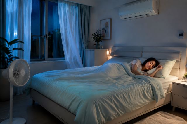 에어컨과 선풍기를 활용한 시원한 침실에서 편안하게 잠든 여성