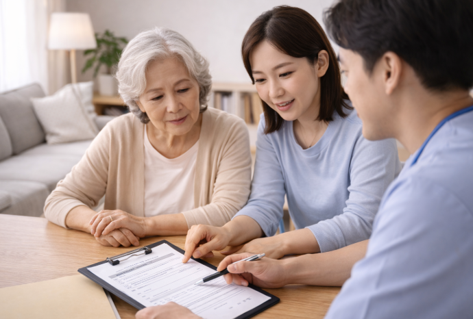 장기요양등급 신청 상담 중인 어르신과 보호자 모습