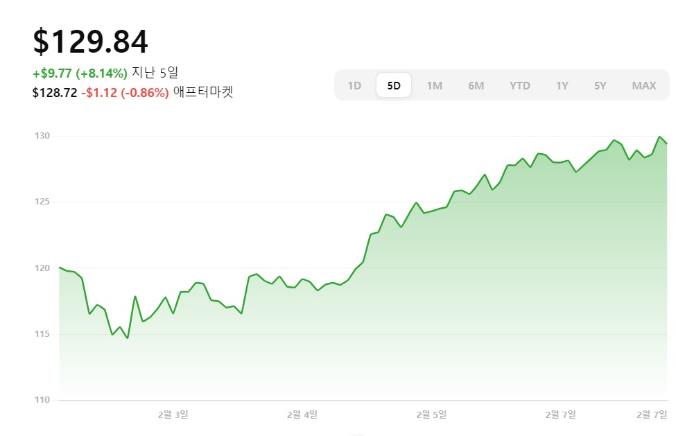 2월7일기준 5일간 엔비디아 주식 변동그래프