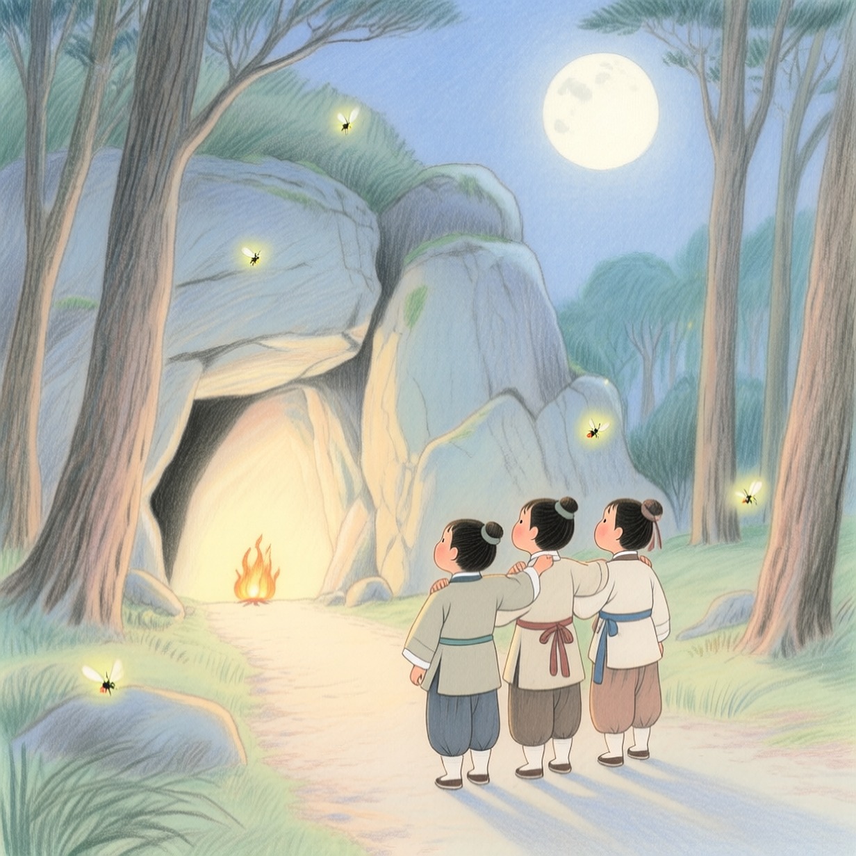 달빛 숲길에서 동굴 입구를 바라보는 세 아이를 상상한 로컬 AI 삽화