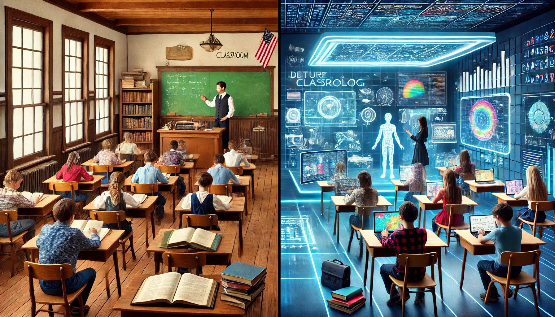 과거 교실의 모습과 미래 교실의 수업 모습을 비교하는 이미지