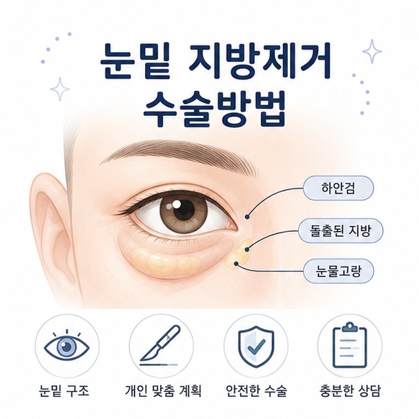 아래눈꺼풀의 돌출된 지방과 눈 주변 구조를 이용해 눈밑 지방제거 수술의 기본 개념을 소개하는 그림