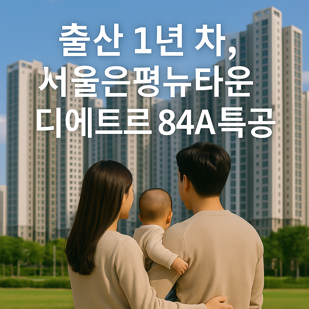 서울은평뉴타운디에트르더퍼스트 84타입 분양가와 대출 조건을 고민 중인 신혼부부가 아이를 안고 아파트 단지를 바라보는 장면