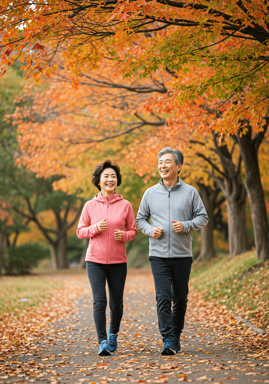 가을 공원에서 가볍게 걷기 운동을 하는 한국인 중년 부부, 기립성 저혈압 예방을 위한 생활 습관