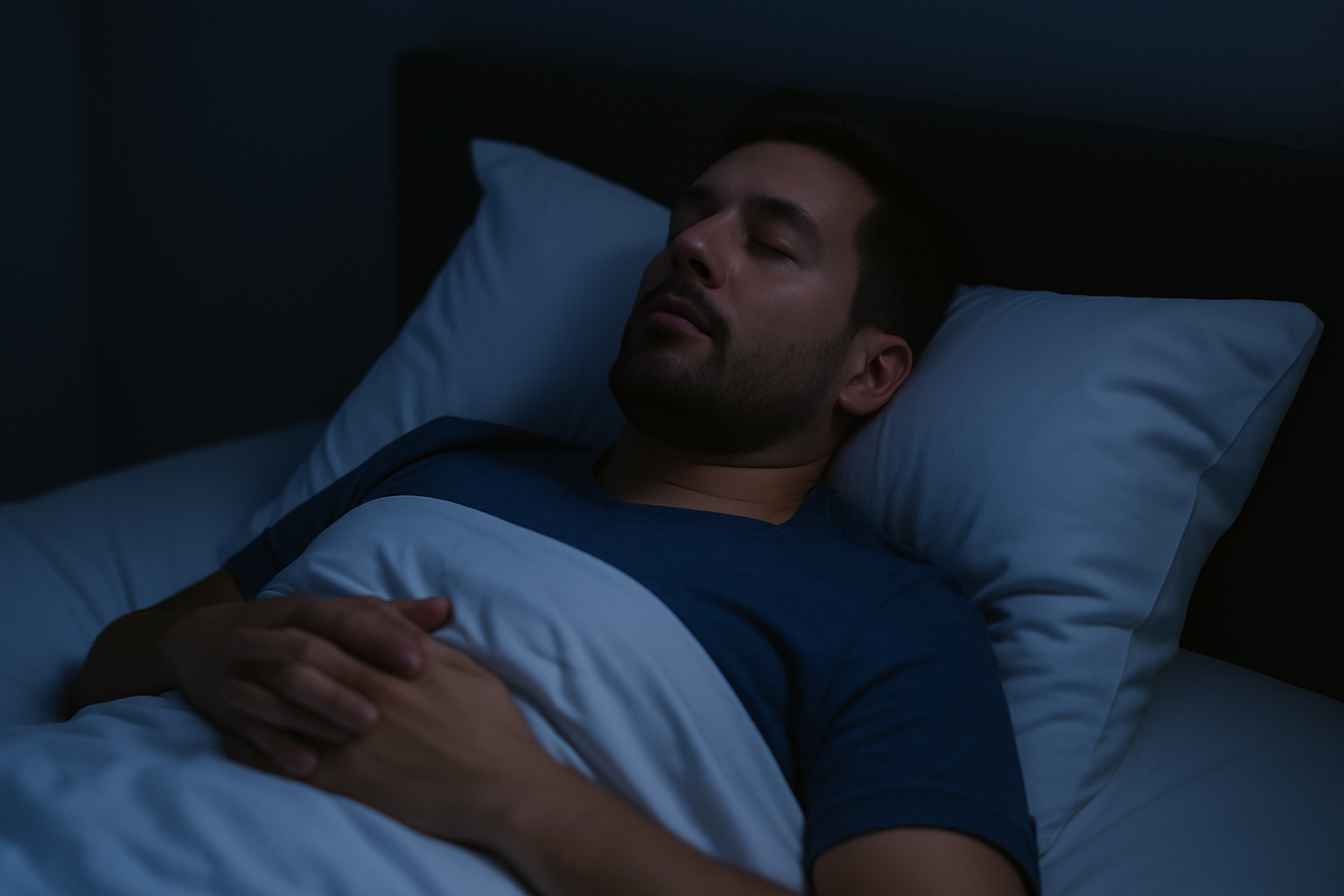 불꺼진 방, 침대 위 눈을 감고 심호흡을하는 남성 사진