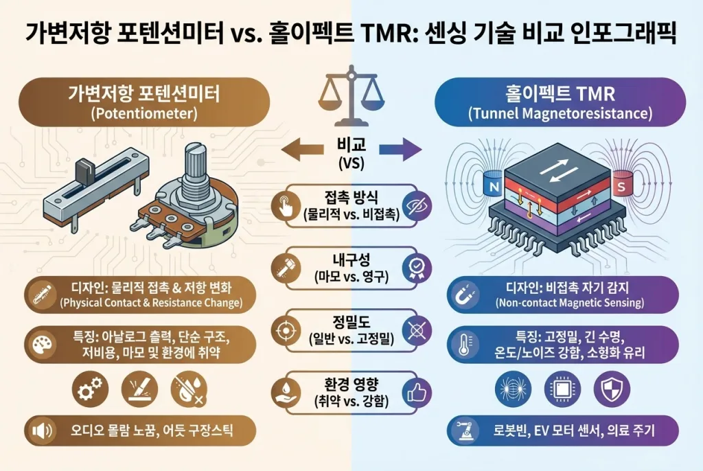 가변저항(포텐셔미터)·홀 이펙트·TMR 센서 비교: 내구성·감도·전력 소모 차이