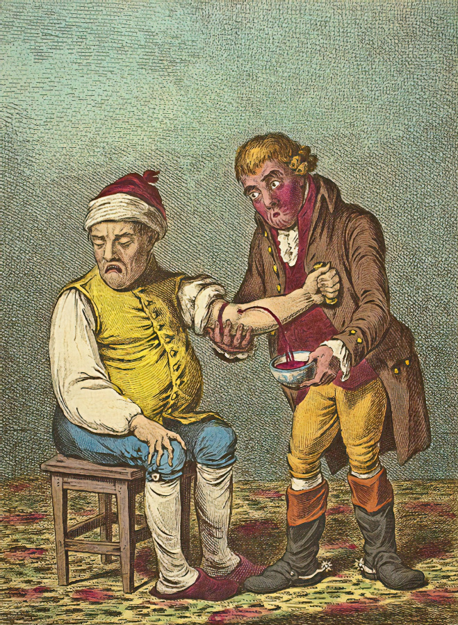 갈색 코트를 입은 사람이 노란색 옷에 빨간 모자를 쓴 남자를 앉혀놓고 팔뚝에 피를 내서 그 피를 그릇에 담고 있는 것을 그린 그림