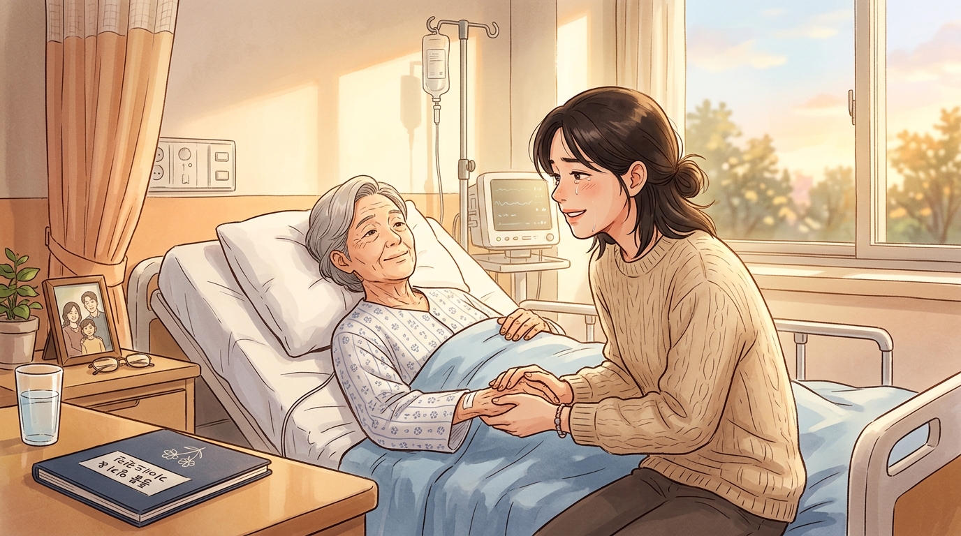 따뜻한 햇살이 들어오는 아늑한 병실에서 장성한 자녀가 침대에 누워 있는 고령의 어머니 손을 두 손으로 꼭 맞잡고 가만히 곁을 지키며 정서적 안정을 돕는 감동적인 2D 웹툰 스타일의 이미지.
