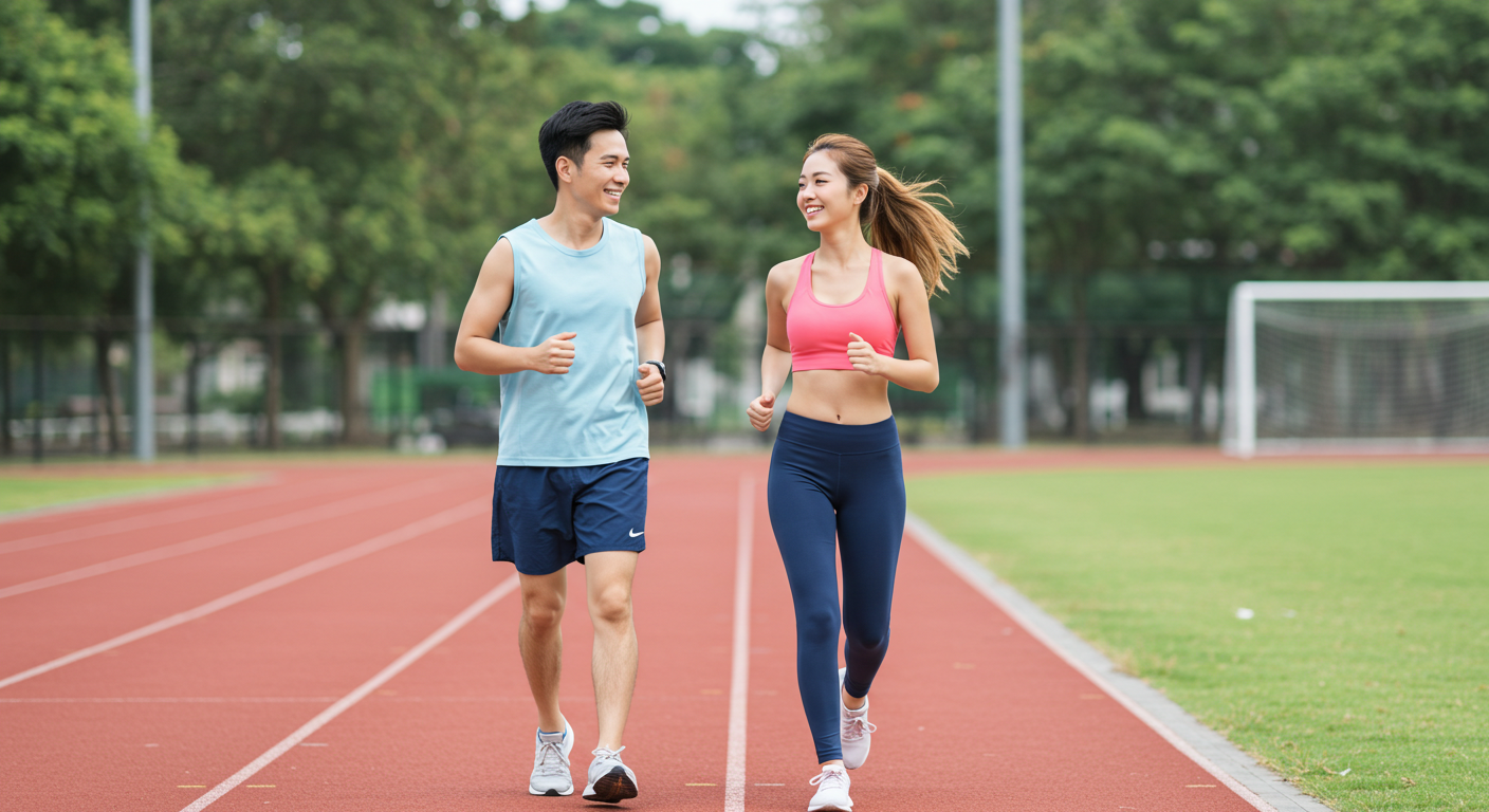 체육공원트랙에서 조깅하는 남녀