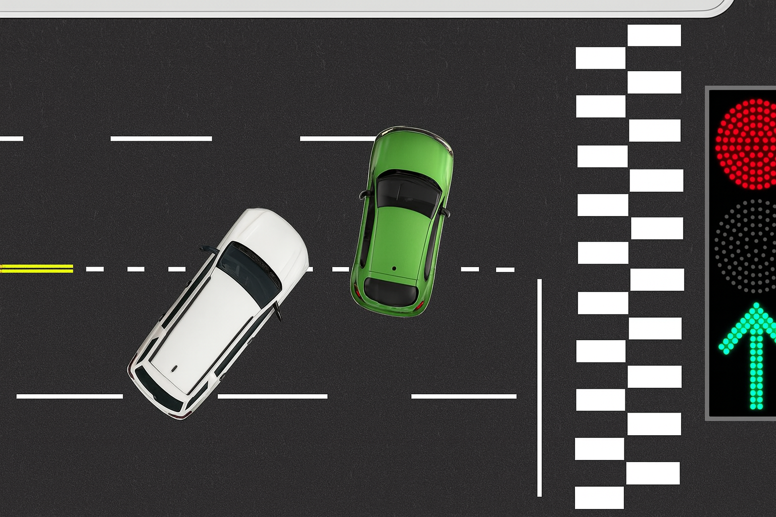 흰색 차량이 정상적으로 유턴하려는 상황에서, 초록색 차량이 앞차를 가로막으며 새치기 유턴을 시도하는 모습. 교차로 신호가 진행 중임에도 순서를 무시하고 유턴하는 전형적인 위반 사례.