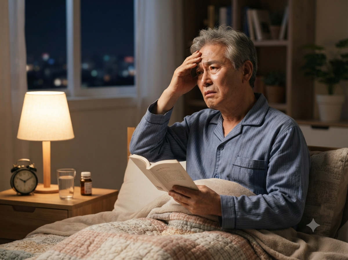 어두운 밤, 안락한 침실에서 중년의 한국인 어르신(남성)이 잠들지 못하고 베개에 기대어 깊은 생각에 잠겨 있다. 곁에 켜진 따뜻한 스탠드 불빛이 그의 고뇌와 피로한 표정을 비추며, 수면 장애의 어려움을 진정성 있게 전달한다