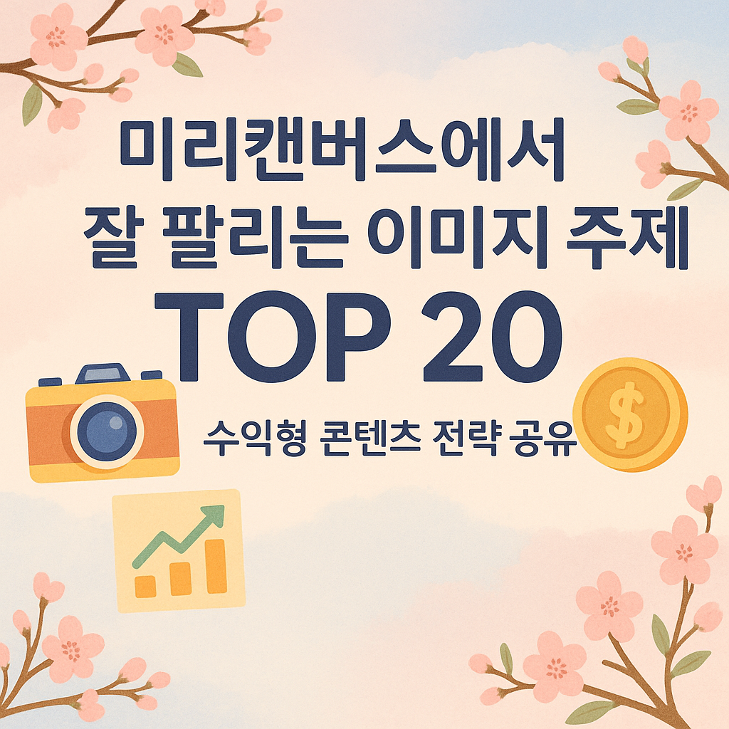 "파스텔톤 배경 위에 벚꽃 일러스트와 함께 '미리캔버스에서 잘 팔리는 이미지 주제 TOP 20 - 수익형 콘텐츠 전략 공유'라는 한글 텍스트가 쓰여 있고, 카메라 아이콘, 그래프, 달러 아이콘이 함께 배치된 썸네일 이미지"
