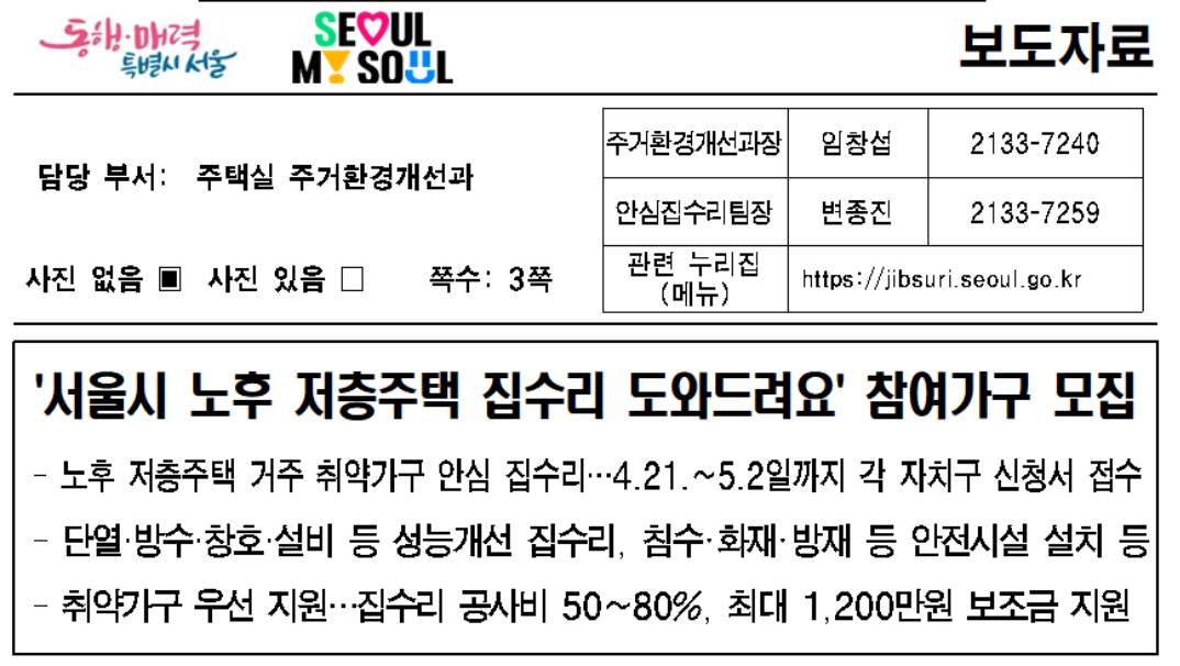 서울시, 노후 저층주택 집수리 지원 사업 총정리(2025년 신청 접수중)