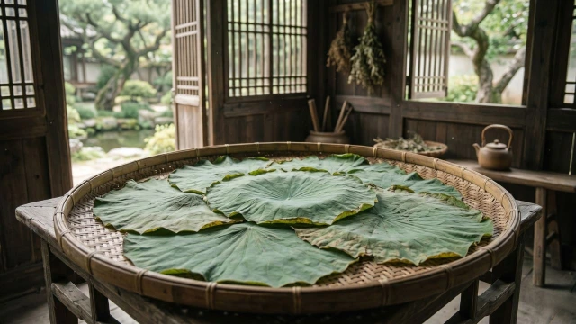 연잎 그늘 반건조 과정, 채반에 펼쳐진 연잎