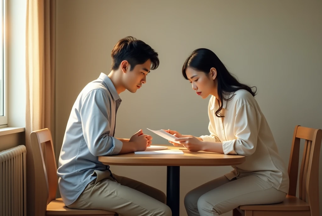 부부가 꼼꼼히 서류를 확인하는 모습 이미지