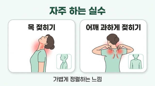 어깨 통증 8초 루틴 할 때 목 젖힘 어깨 과신전 주의