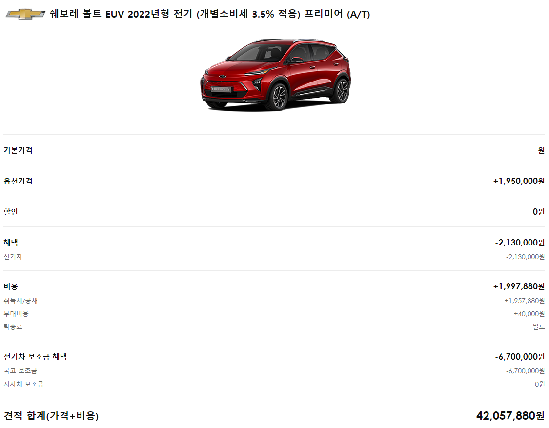 쉐보레 볼트 EUV 전기차 가격과 보조금