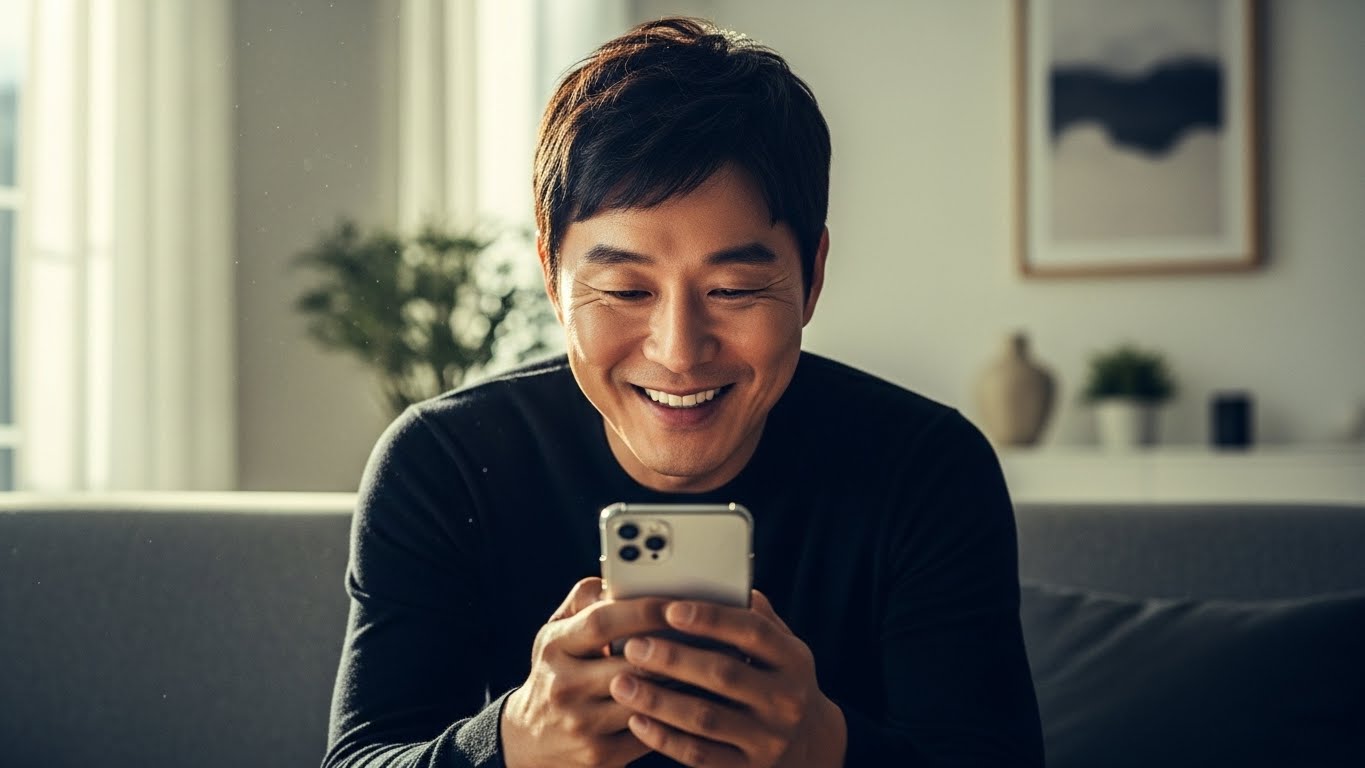 스마트폰 앱을 통해 잊고 있던 숨은 돈을 발견하고 기뻐하며 감동하는 남성의 모습