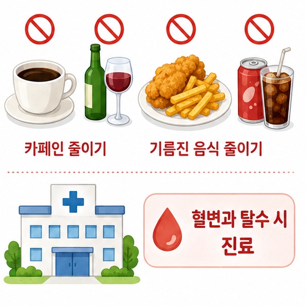 설사 중에는 카페인과 술, 기름진 음식과 당이 많은 음료를 줄이고 혈변이나 탈수가 있으면 진료가 필요함을 보여주는 그림