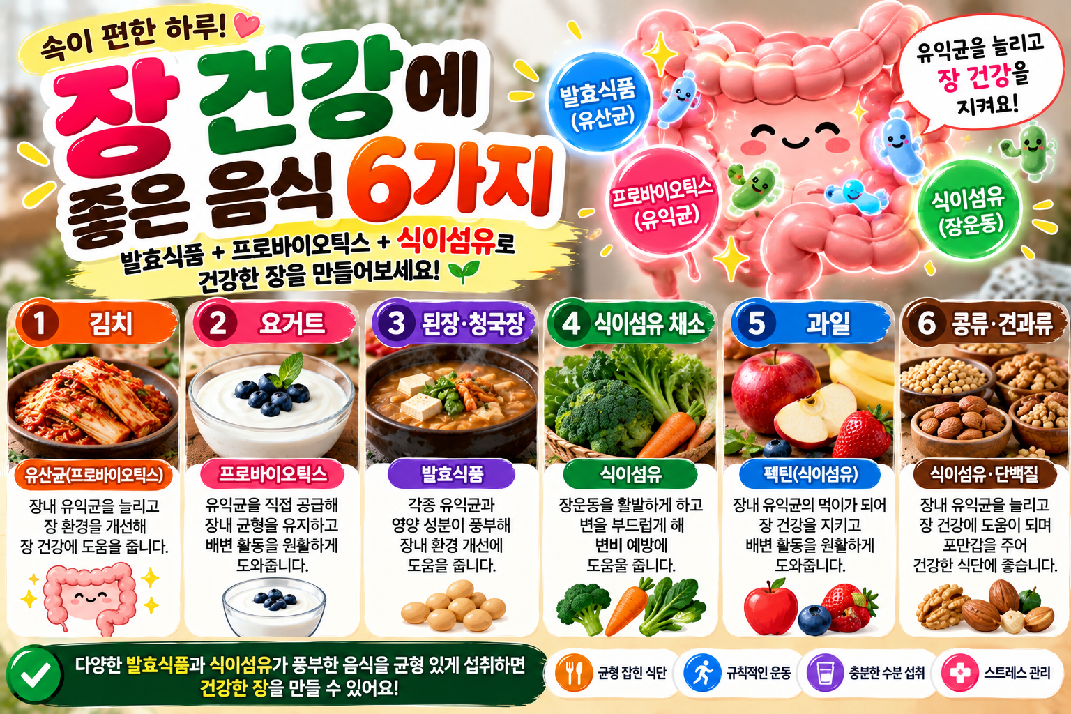 장 건강에 좋은 음식 6가지와 발효식품, 프로바이오틱스, 식이섬유의 역할을 소개하는 건강정보 썸네일 이미지. 상단에는 '장 건강에 좋은 음식 6가지'라는 제목과 귀여운 대장 일러스트, 유익균 캐릭터가 배치되어 있다. 하단에는 김치, 요거트, 된장과 청국장, 식이섬유가 풍부한 채소, 과일, 콩류와 견과류 등 여섯 가지 식품이 사진과 함께 소개되어 있다. 김치와 요거트의 유산균, 된장과 청국장 등 발효식품의 특징, 브로콜리와 당근의 식이섬유, 사과의 펙틴, 콩류와 견과류의 식이섬유와 단백질을 설명한다. 다양한 발효식품과 식이섬유 섭취를 통한 장내 미생물 환경 개선과 원활한 배변 활동의 중요성을 강조하며, 균형 잡힌 식단과 규칙적인 운동, 충분한 수분 섭취, 스트레스 관리 등 건강한 장을 유지하기 위한 생활습관을 안내하는 이미지이다.