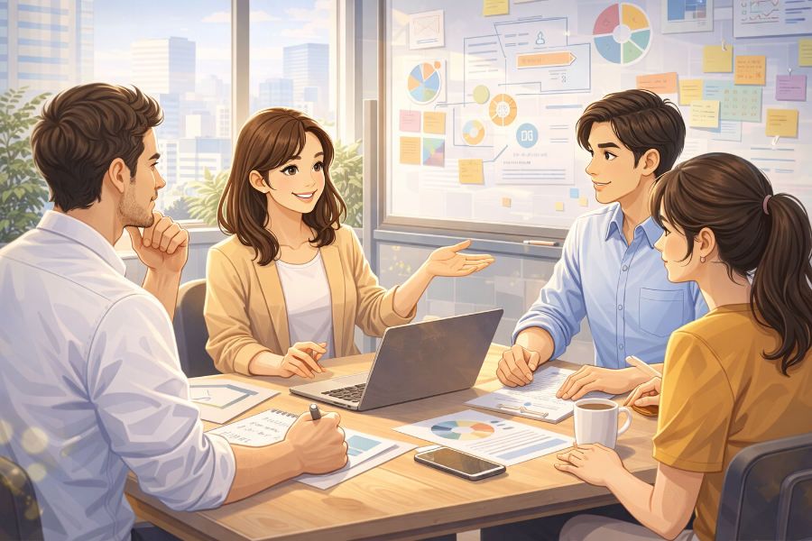 사무실에서 기획 회의를 하고 있는 모습