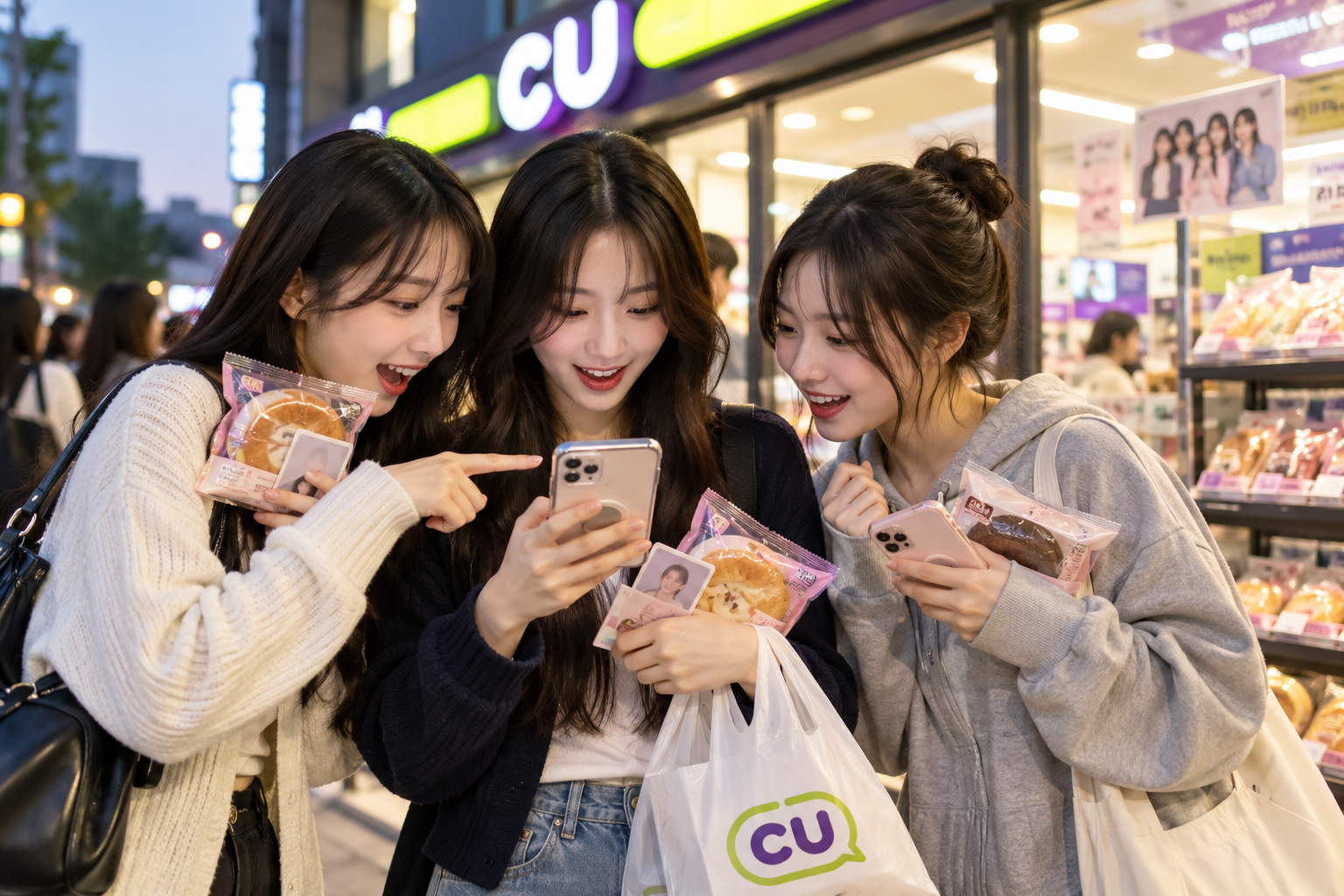 CU 편의점 앞에서 아이돌 컬래버 빵과 포토카드를 들고 SNS를 확인하는 젊은 소비자들의 AI이미지